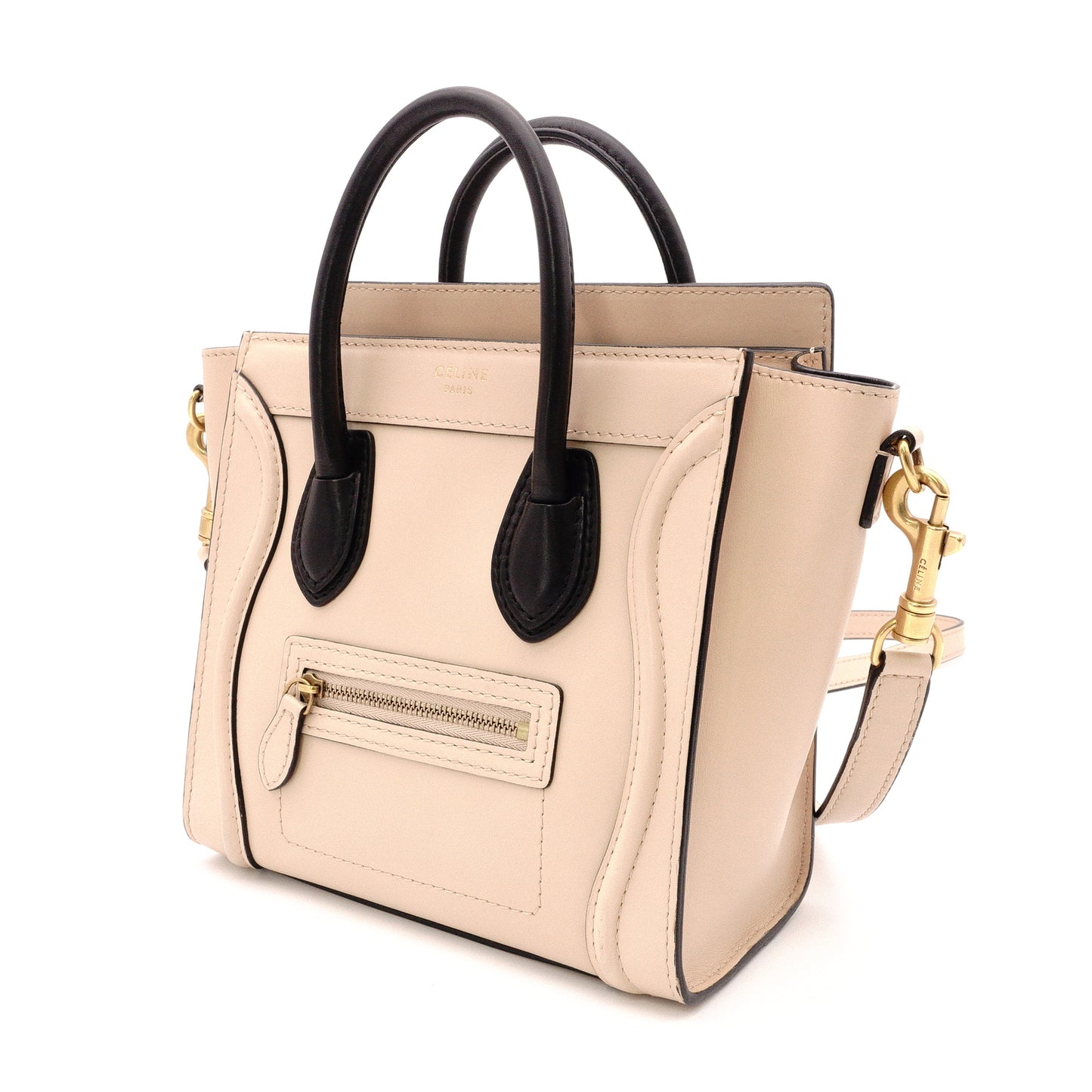CELINE Luggage Nano Shopper Handbag, Leather, Beige/Black, 2-Way Crossbody