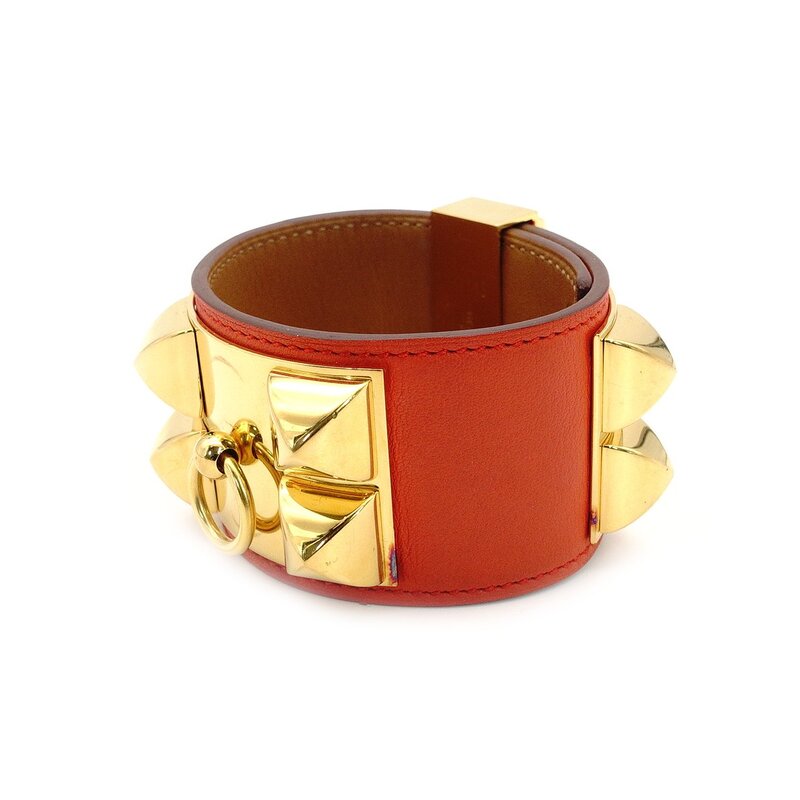 Hermès HERMES Collier de Chien Orange × Gold Bangle Bracelet Leather □Q Stamped 7-3-997