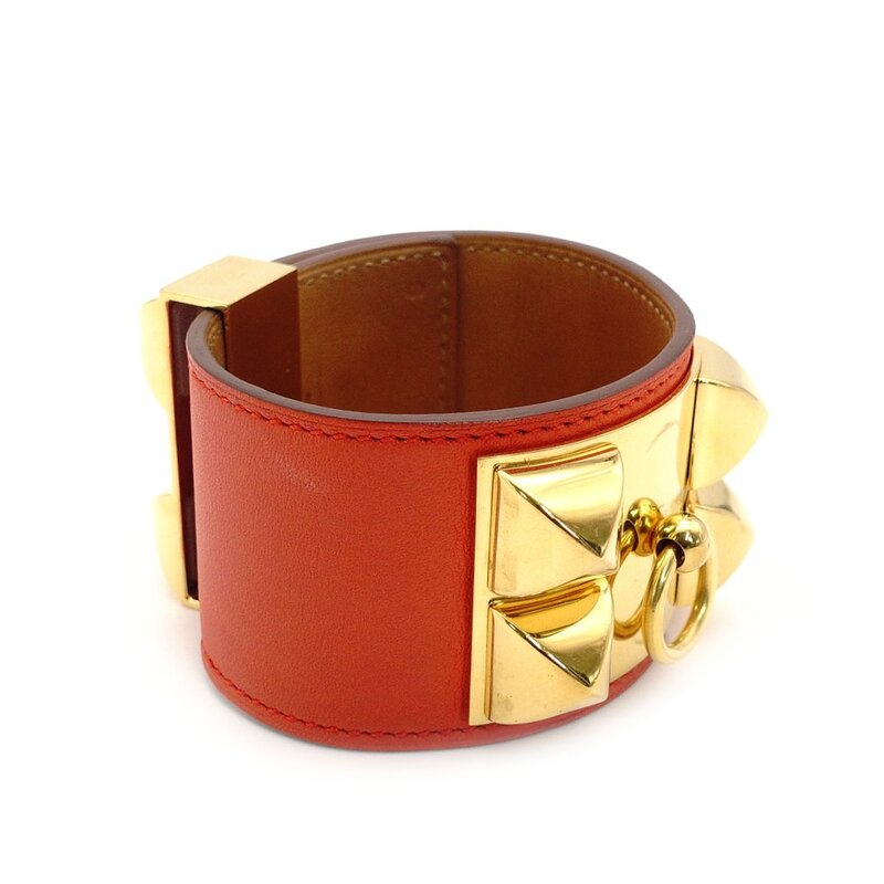 Hermès HERMES Collier de Chien Orange × Gold Bangle Bracelet Leather □Q Stamped 7-3-997