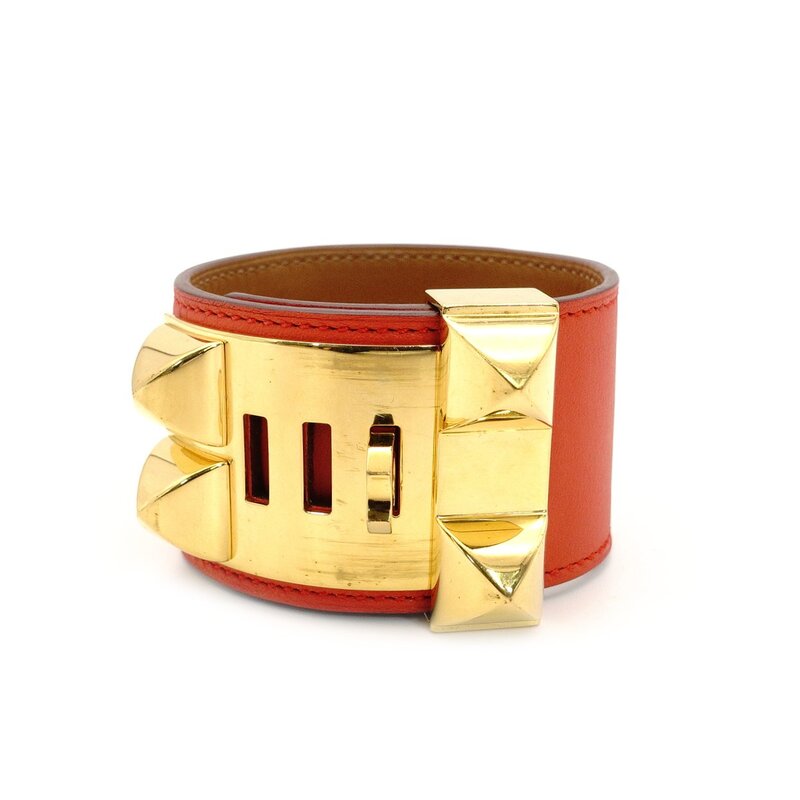 Hermès HERMES Collier de Chien Orange × Gold Bangle Bracelet Leather □Q Stamped 7-3-997
