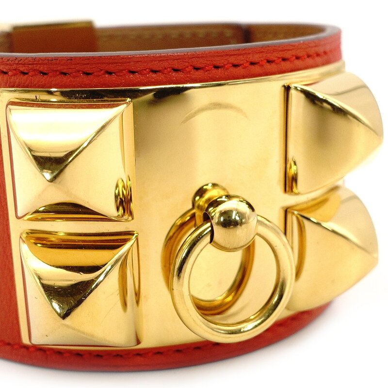 Hermès HERMES Collier de Chien Orange × Gold Bangle Bracelet Leather □Q Stamped 7-3-997