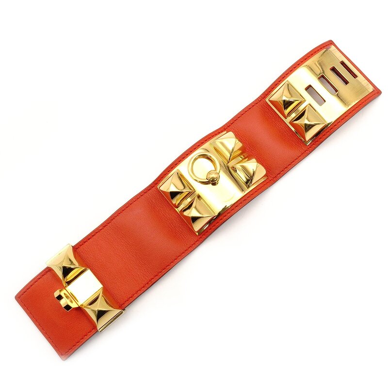 Hermès HERMES Collier de Chien Orange × Gold Bangle Bracelet Leather □Q Stamped 7-3-997
