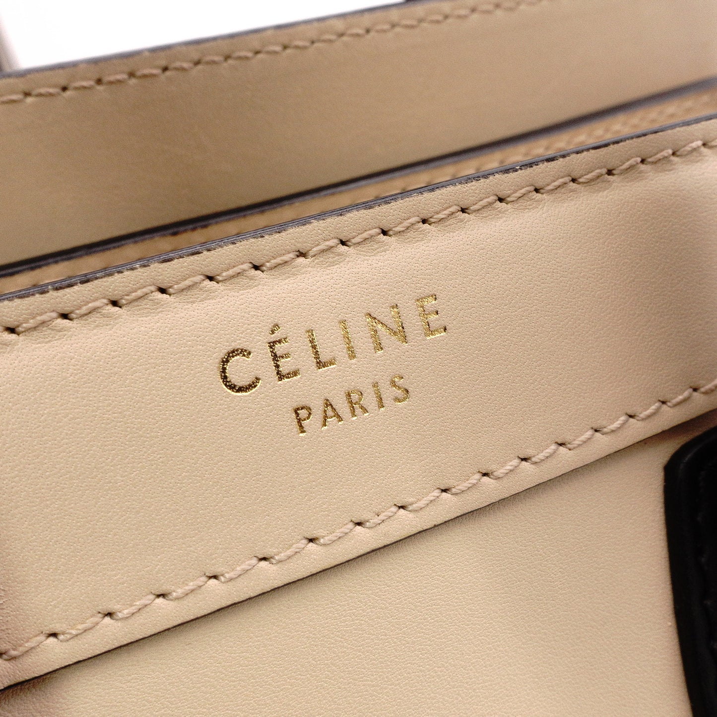 CELINE Luggage Nano Shopper Handbag, Leather, Beige/Black, 2-Way Crossbody