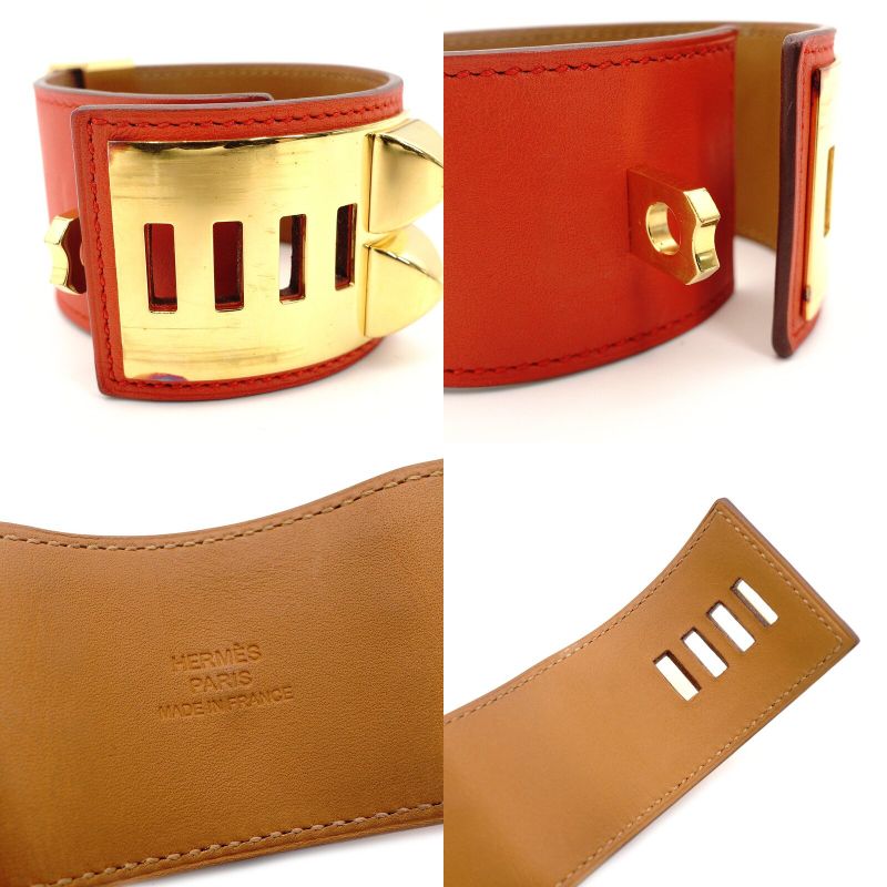 Hermès HERMES Collier de Chien Orange × Gold Bangle Bracelet Leather □Q Stamped 7-3-997