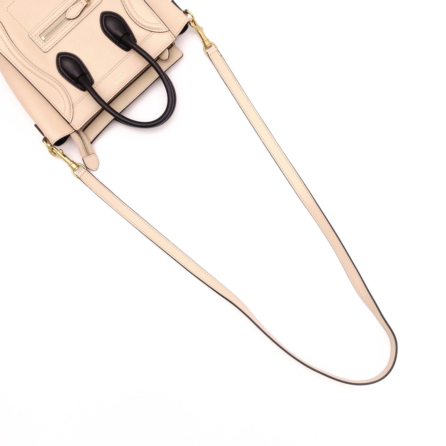 CELINE Luggage Nano Shopper Handbag, Leather, Beige/Black, 2-Way Crossbody