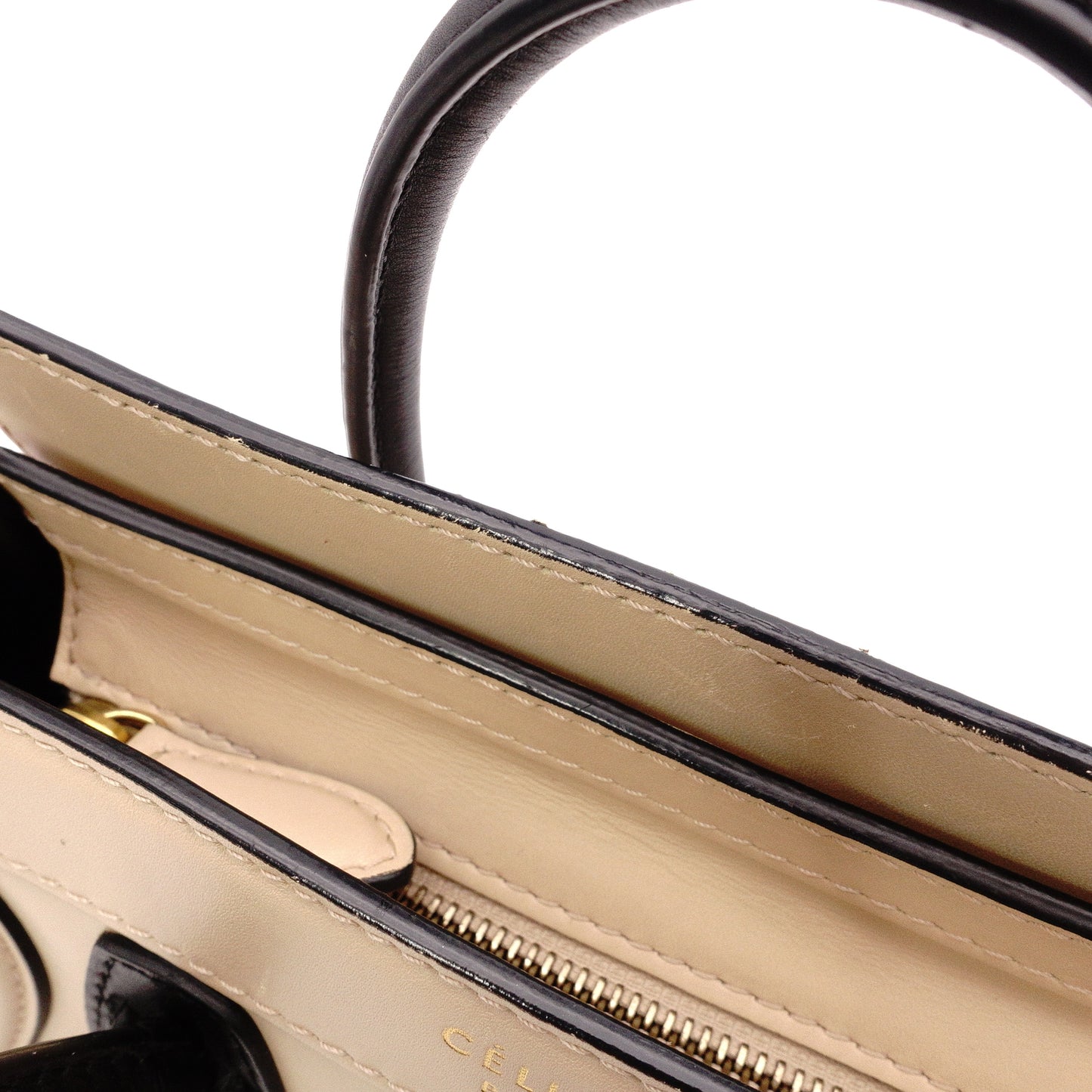 CELINE Luggage Nano Shopper Handbag, Leather, Beige/Black, 2-Way Crossbody
