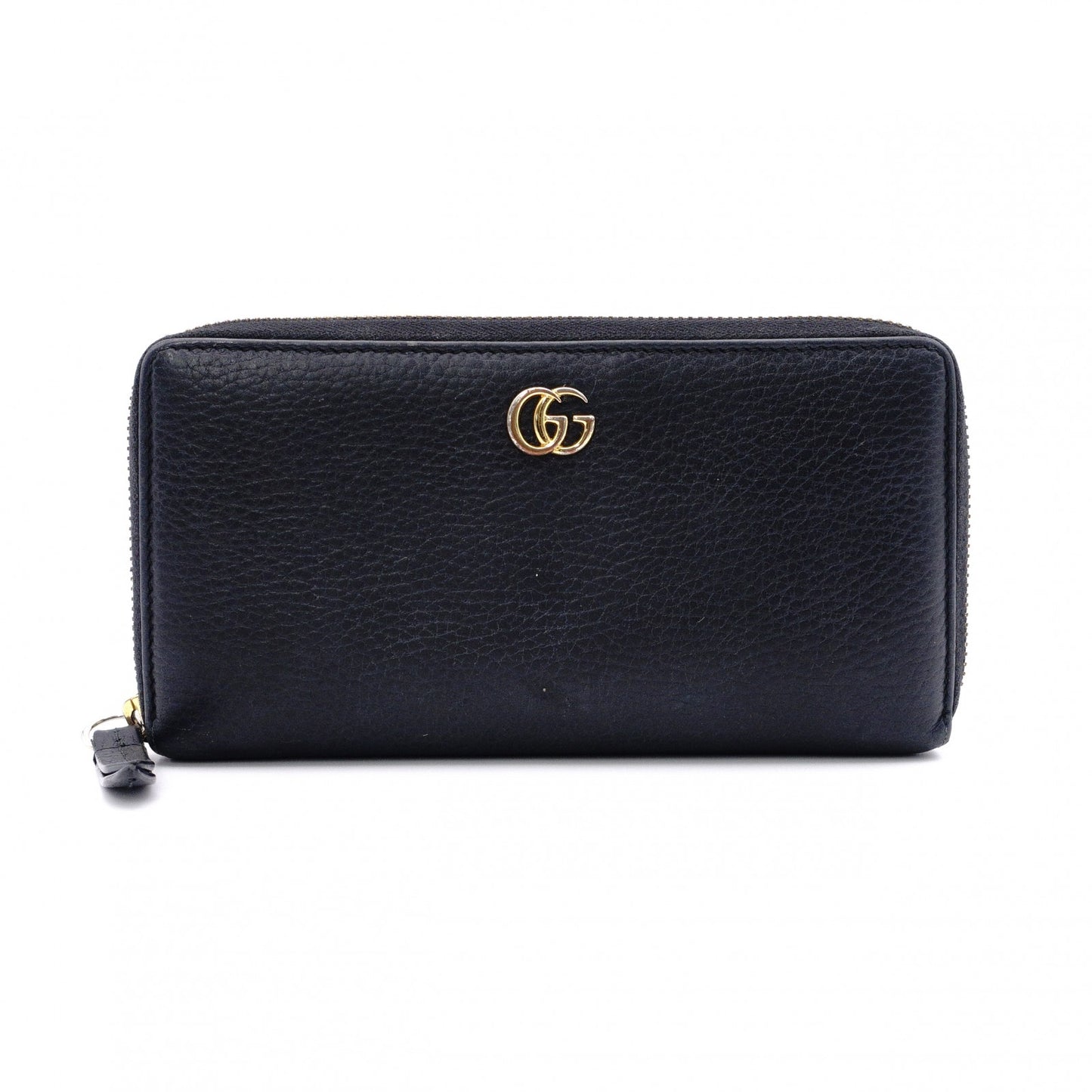 GUCCI Round Zipper GG Marmont Long Wallet, Leather, Black with Gold Hardware