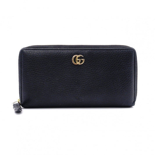 GUCCI Round Zipper GG Marmont Long Wallet, Leather, Black with Gold Hardware
