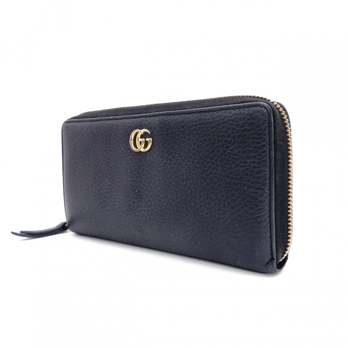 GUCCI Round Zipper GG Marmont Long Wallet, Leather, Black with Gold Hardware