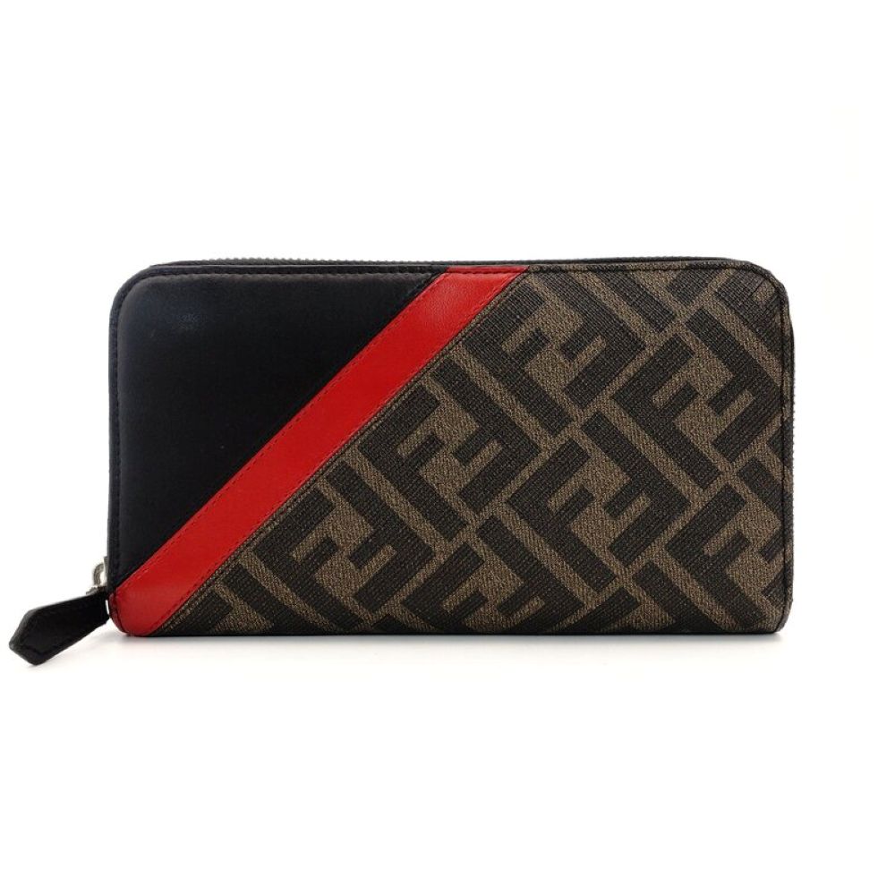 FENDI Long Wallet Zucca Round Zipper Brown × Black PVC Leather Wallet 7-9-329