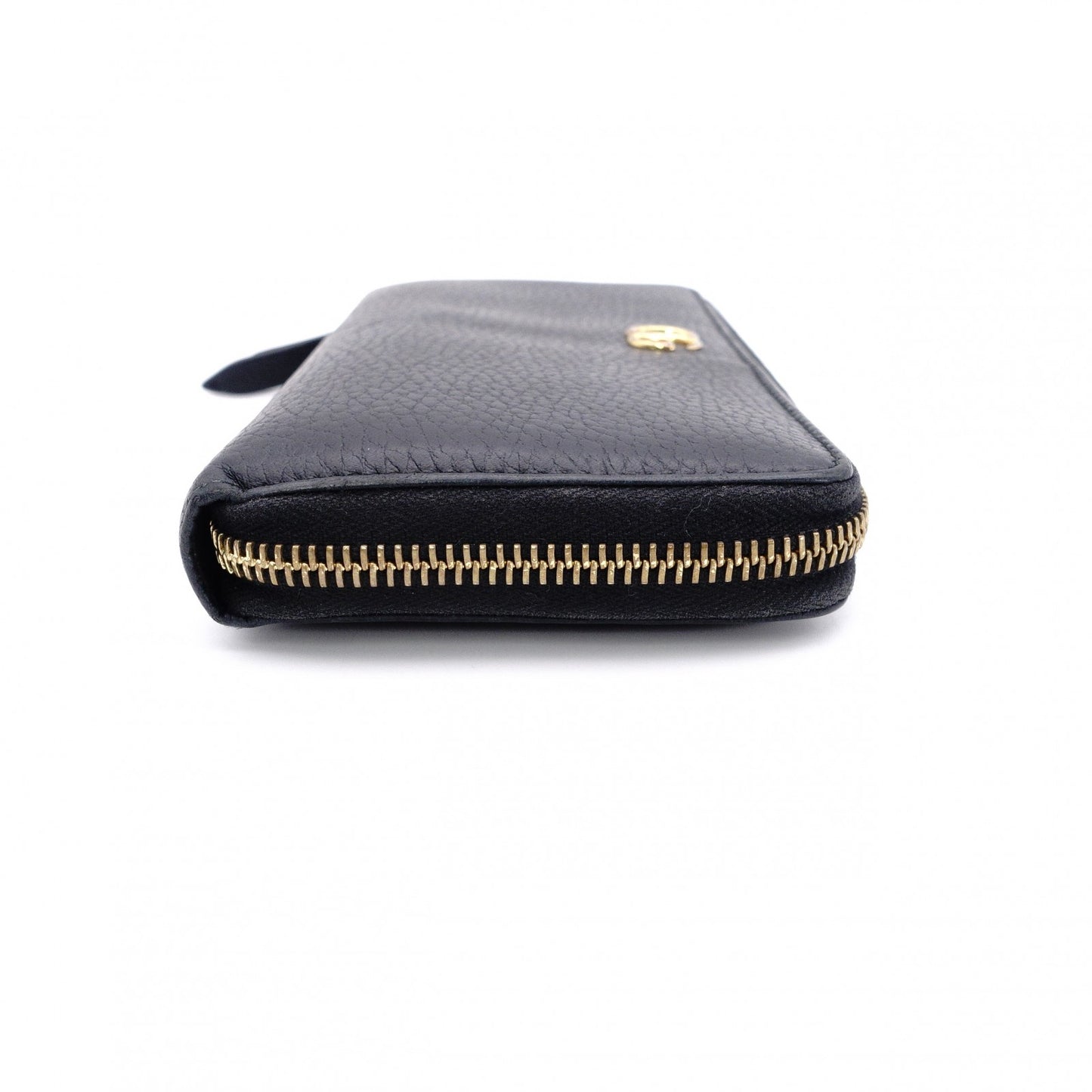 GUCCI Round Zipper GG Marmont Long Wallet, Leather, Black with Gold Hardware
