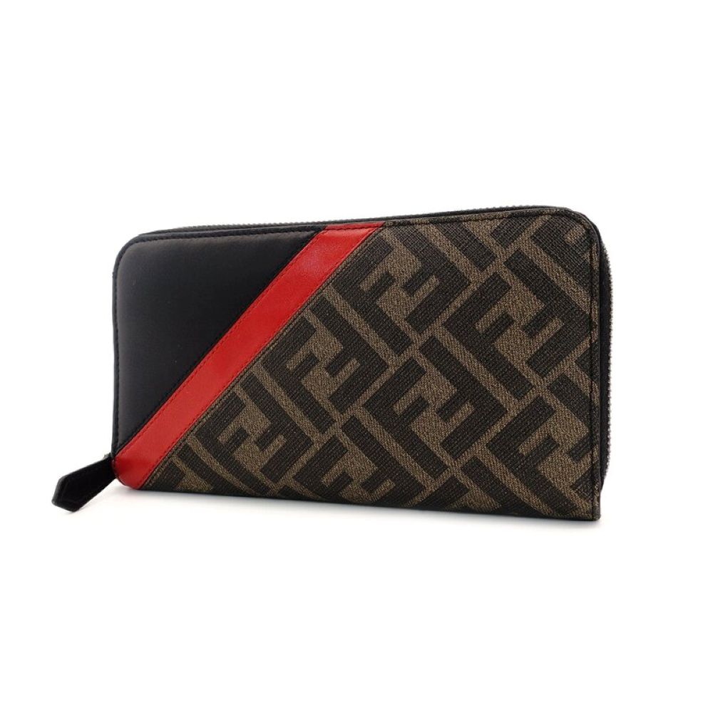 FENDI Long Wallet Zucca Round Zipper Brown × Black PVC Leather Wallet 7-9-329