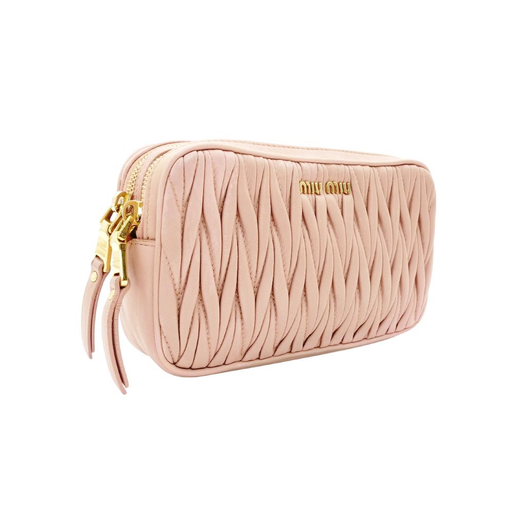 MIU MIU Matelassé Shoulder Bag Pink Leather Crossbody Gold Hardware 7-12-677