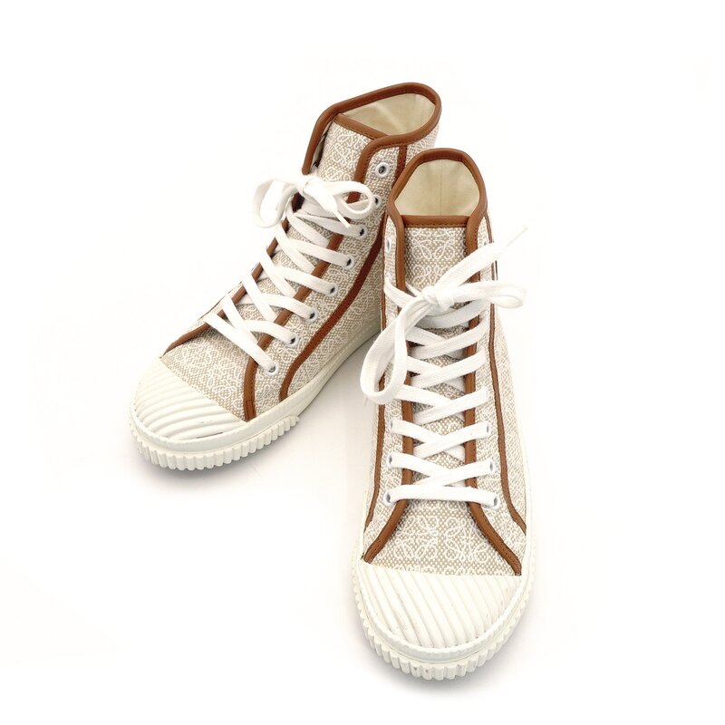 LOEWE High-Top Sneakers Anagram Size 39 Beige × Brown Canvas Leather Approx. 9.8" 7-9-490