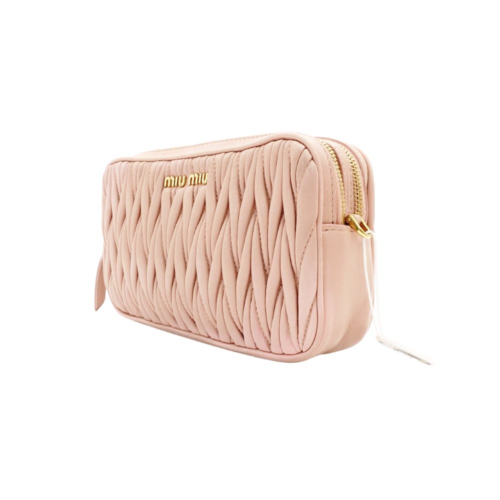 MIU MIU Matelassé Shoulder Bag Pink Leather Crossbody Gold Hardware 7-12-677