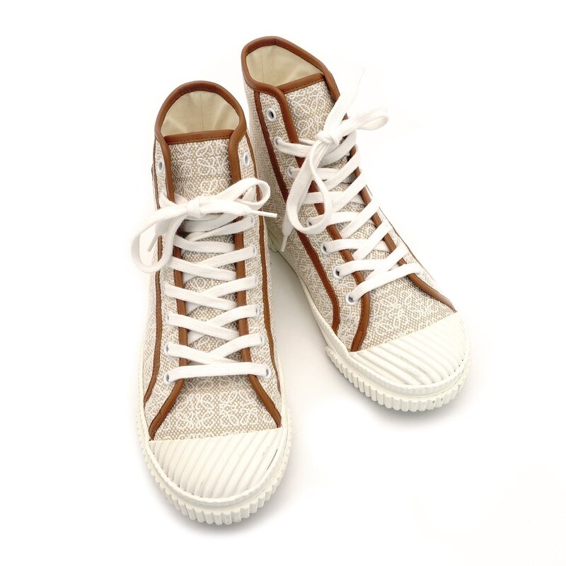 LOEWE High-Top Sneakers Anagram Size 39 Beige × Brown Canvas Leather Approx. 9.8" 7-9-490