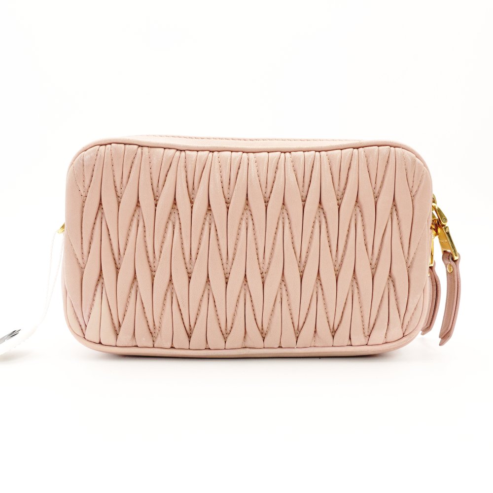 MIU MIU Matelassé Shoulder Bag Pink Leather Crossbody Gold Hardware 7-12-677