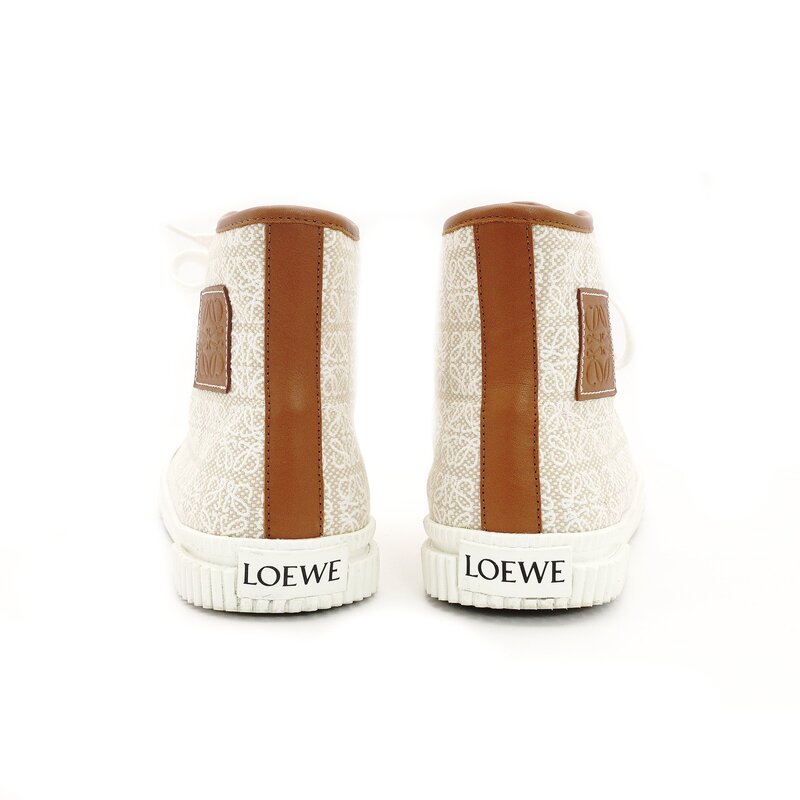 LOEWE High-Top Sneakers Anagram Size 39 Beige × Brown Canvas Leather Approx. 9.8" 7-9-490