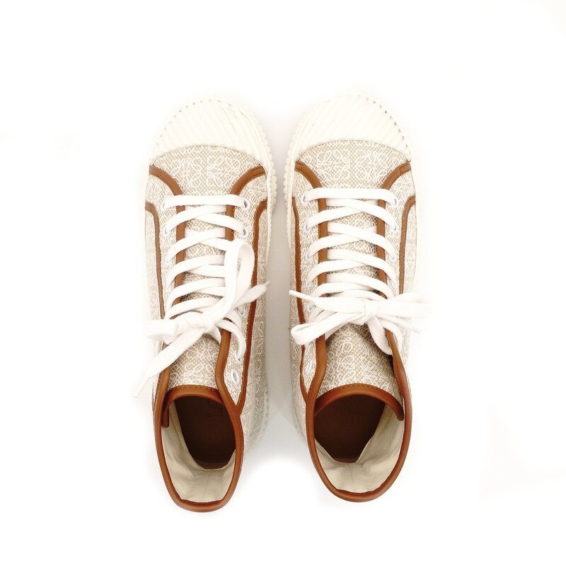 LOEWE High-Top Sneakers Anagram Size 39 Beige × Brown Canvas Leather Approx. 9.8" 7-9-490