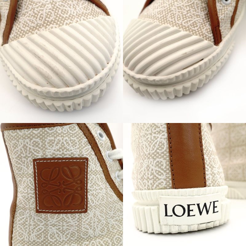LOEWE High-Top Sneakers Anagram Size 39 Beige × Brown Canvas Leather Approx. 9.8" 7-9-490