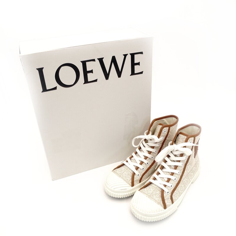 LOEWE High-Top Sneakers Anagram Size 39 Beige × Brown Canvas Leather Approx. 9.8" 7-9-490