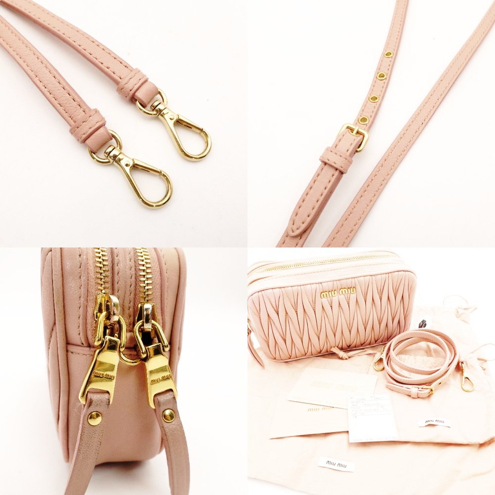 MIU MIU Matelassé Shoulder Bag Pink Leather Crossbody Gold Hardware 7-12-677