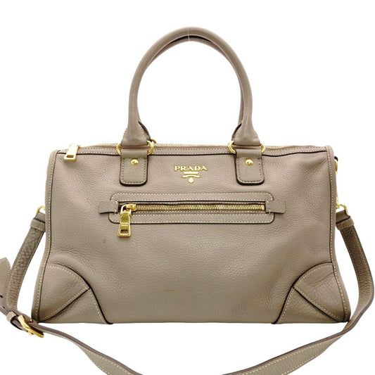 PRADA Galleria Handbag Greige Leather 2-Way Tote Women's Gold Hardware R801287