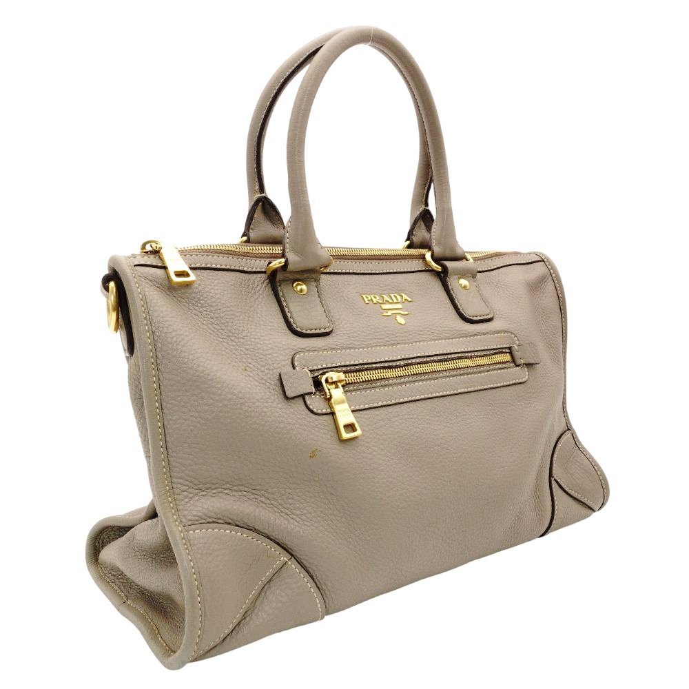 PRADA Galleria Handbag Greige Leather 2-Way Tote Women's Gold Hardware R801287