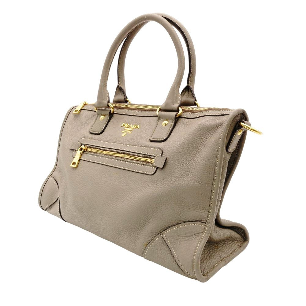 PRADA Galleria Handbag Greige Leather 2-Way Tote Women's Gold Hardware R801287