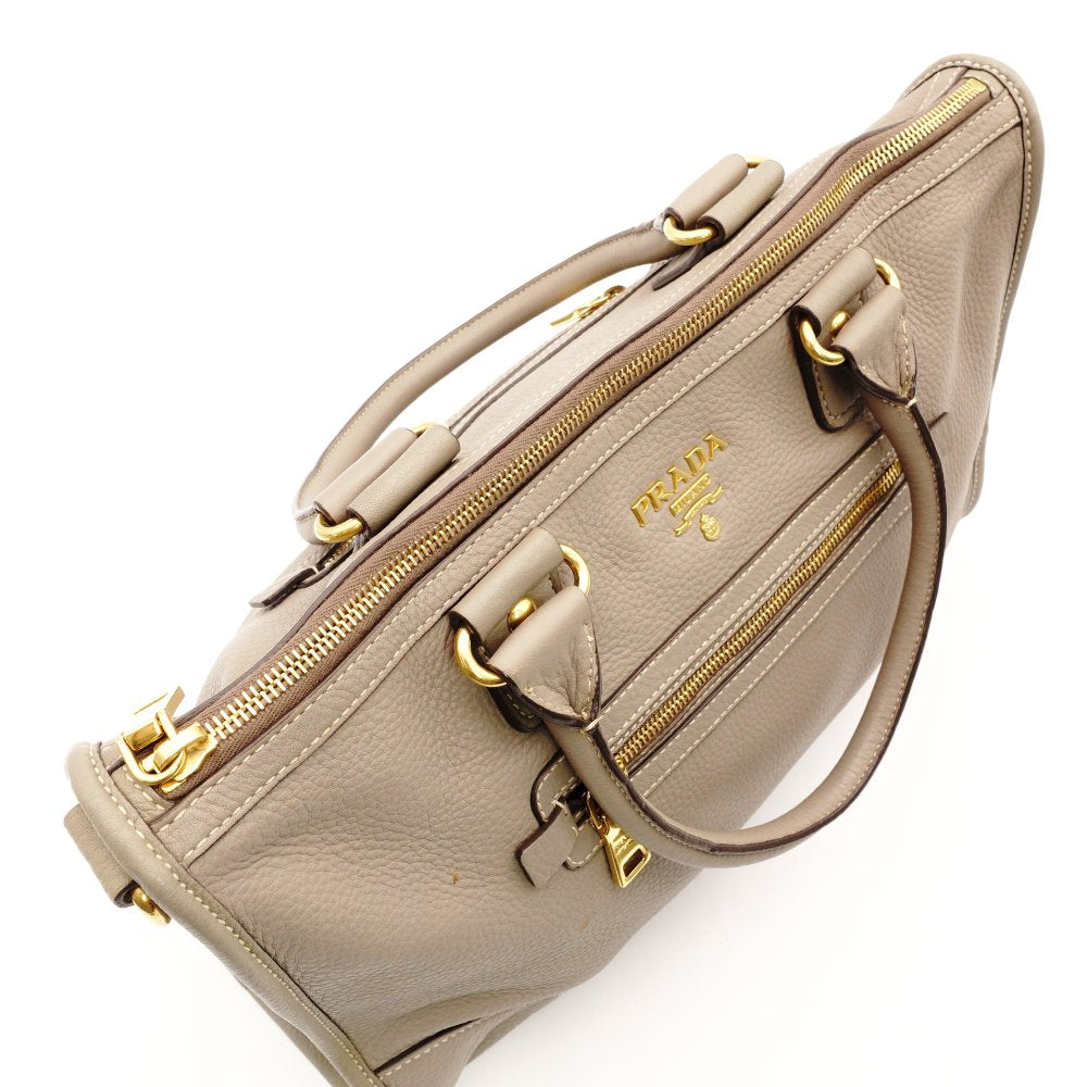 PRADA Galleria Handbag Greige Leather 2-Way Tote Women's Gold Hardware R801287