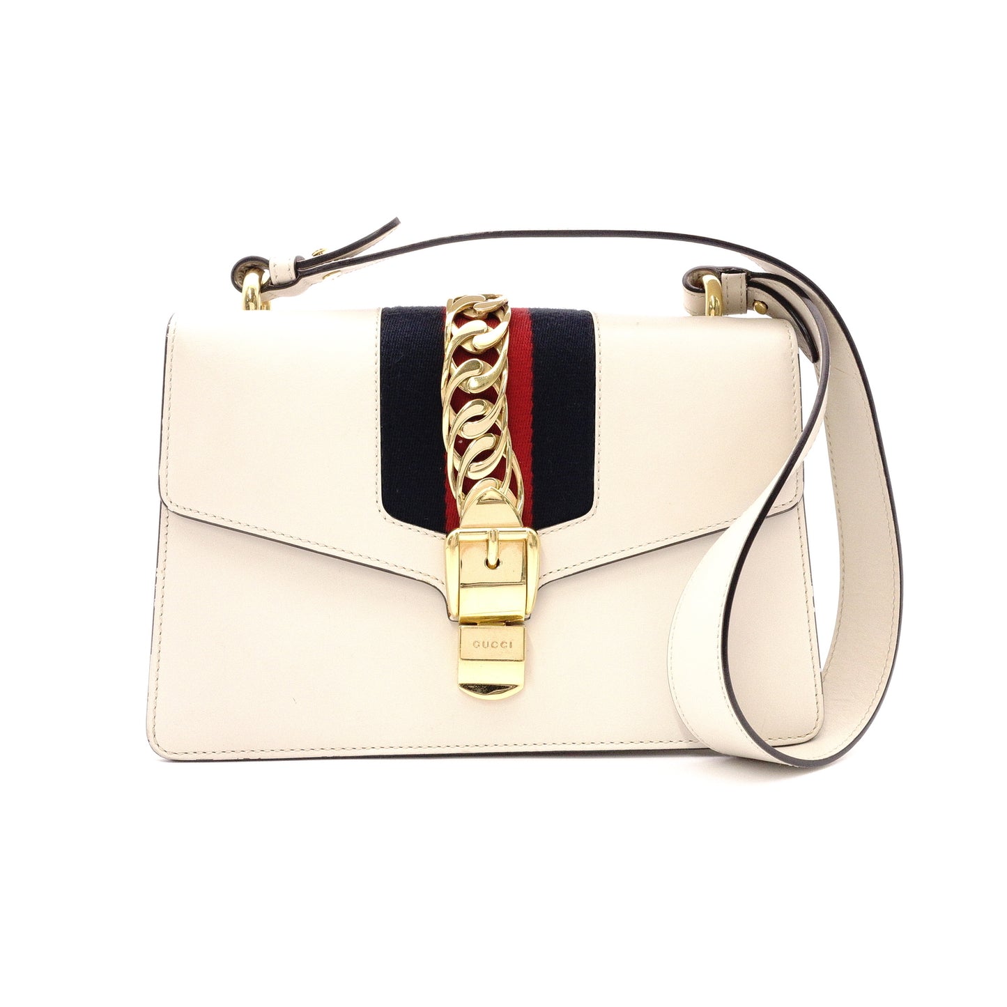 GUCCI Sylvie Shoulder Bag, Leather, White, Single Strap, Gold Hardware, Crossbody