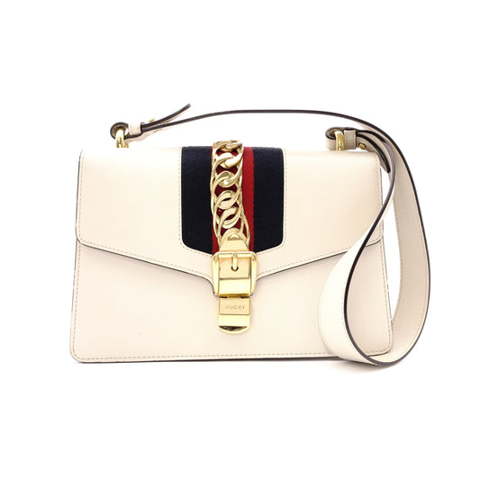 GUCCI Sylvie Shoulder Bag, Leather, White, Single Strap, Gold Hardware, Crossbody