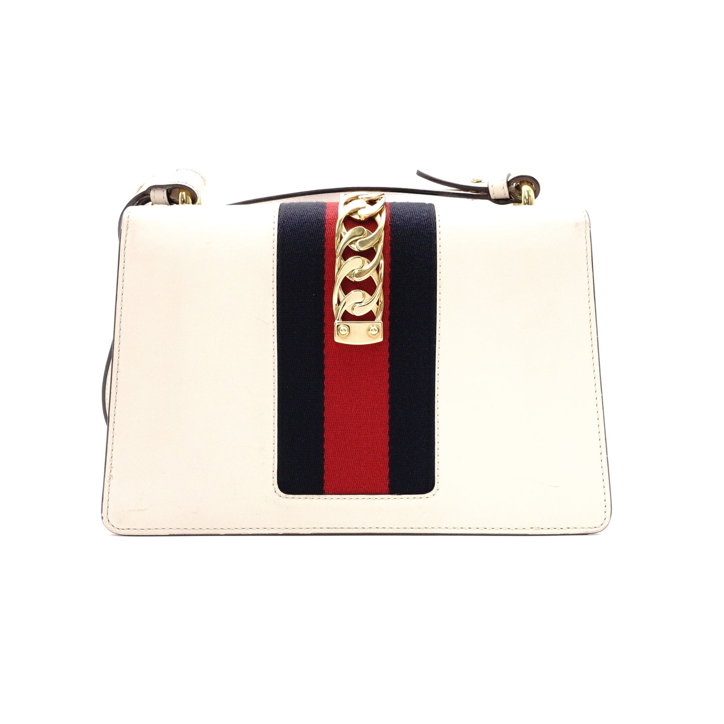 GUCCI Sylvie Shoulder Bag, Leather, White, Single Strap, Gold Hardware, Crossbody