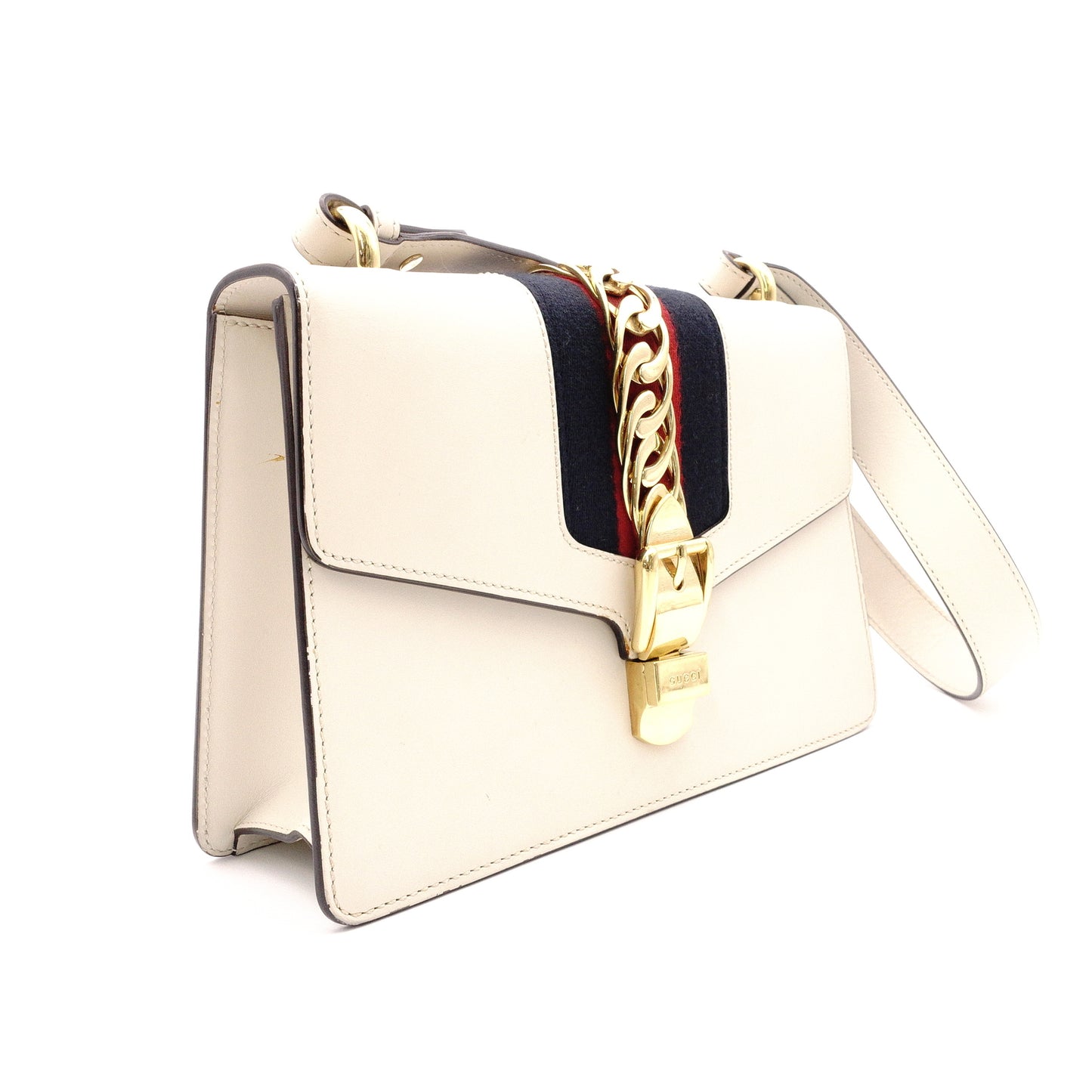 GUCCI Sylvie Shoulder Bag, Leather, White, Single Strap, Gold Hardware, Crossbody