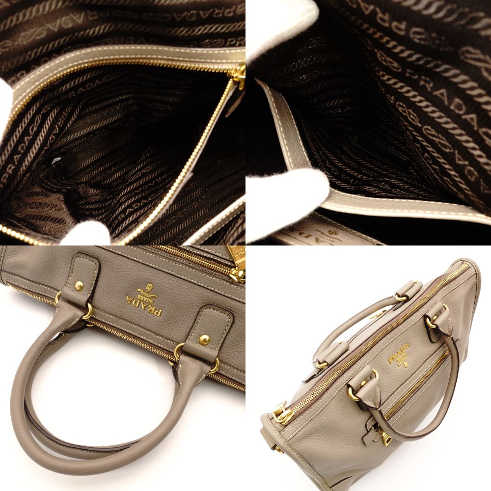 PRADA Galleria Handbag Greige Leather 2-Way Tote Women's Gold Hardware R801287