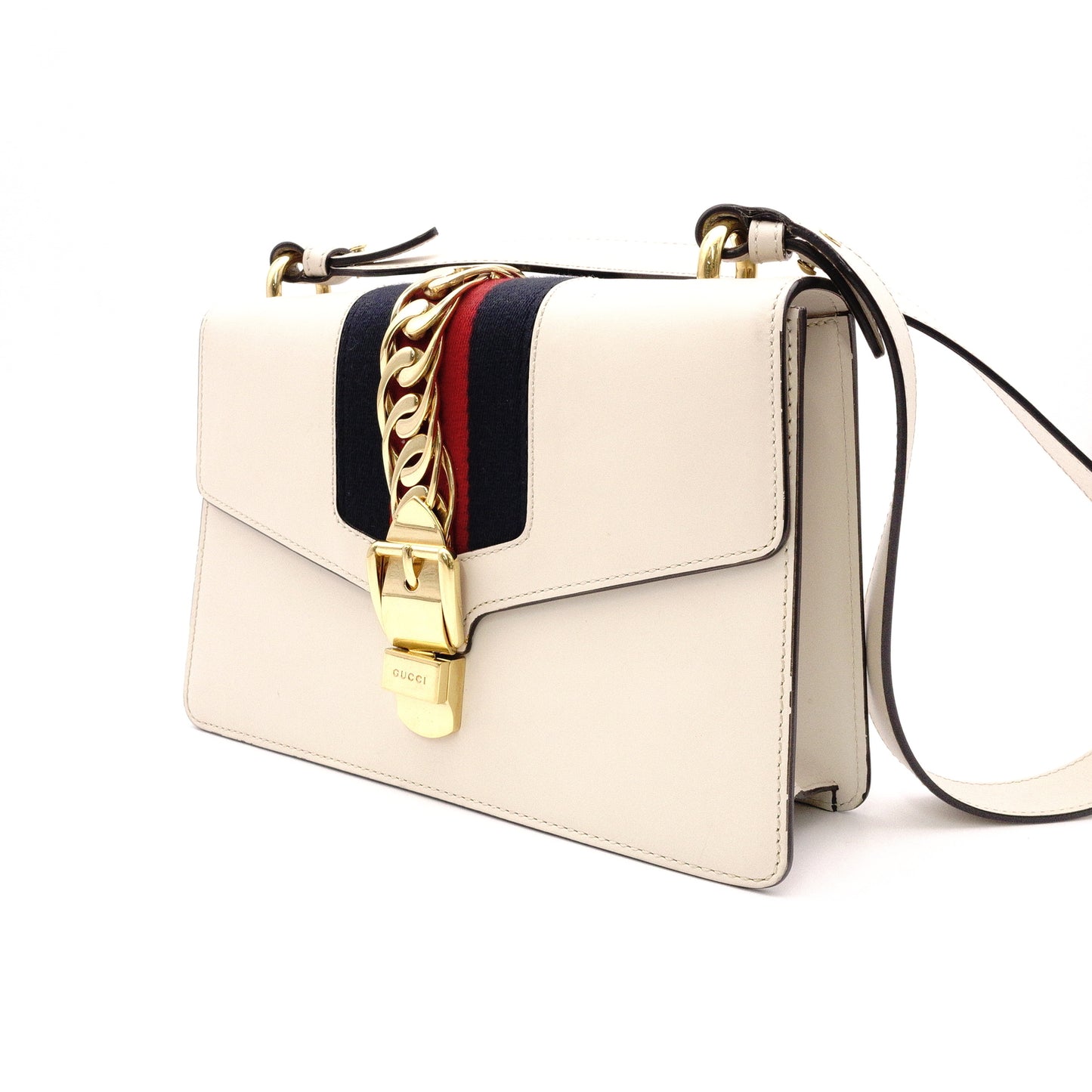 GUCCI Sylvie Shoulder Bag, Leather, White, Single Strap, Gold Hardware, Crossbody