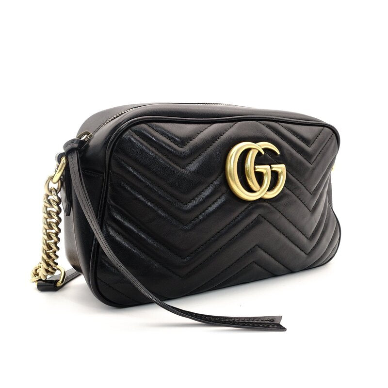 GUCCI GG Marmont Chain Shoulder Bag Black Leather Gold Hardware Crossbody 7-9-451
