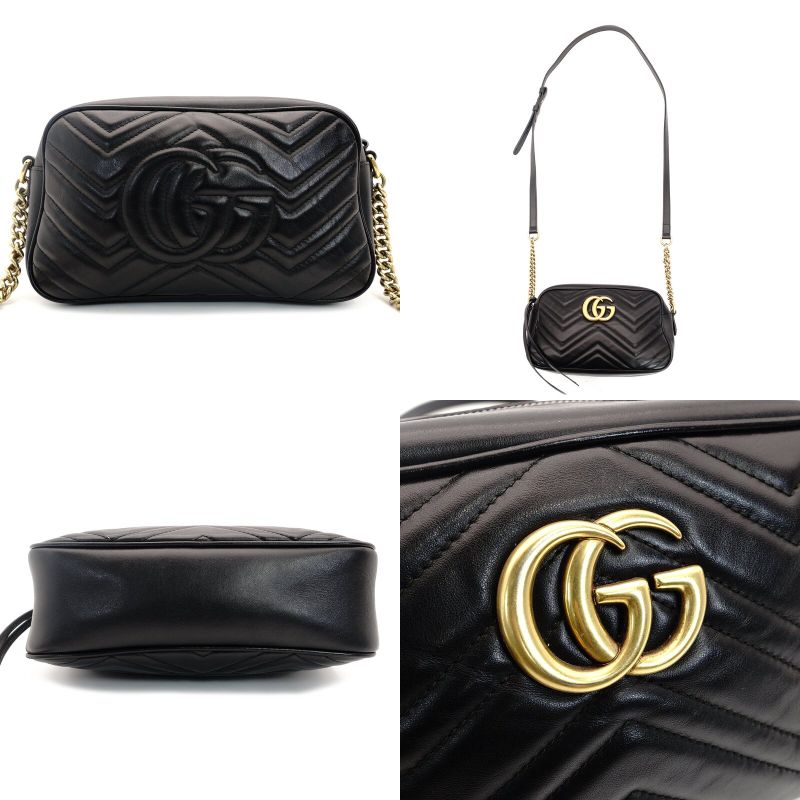 GUCCI GG Marmont Chain Shoulder Bag Black Leather Gold Hardware Crossbody 7-9-451