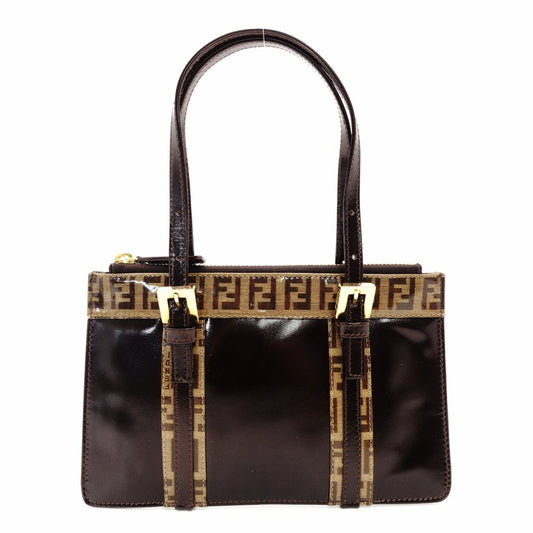 FENDI Zucca Handbag Patent Leather Brown-Tone Leather Pouch Women's R801562