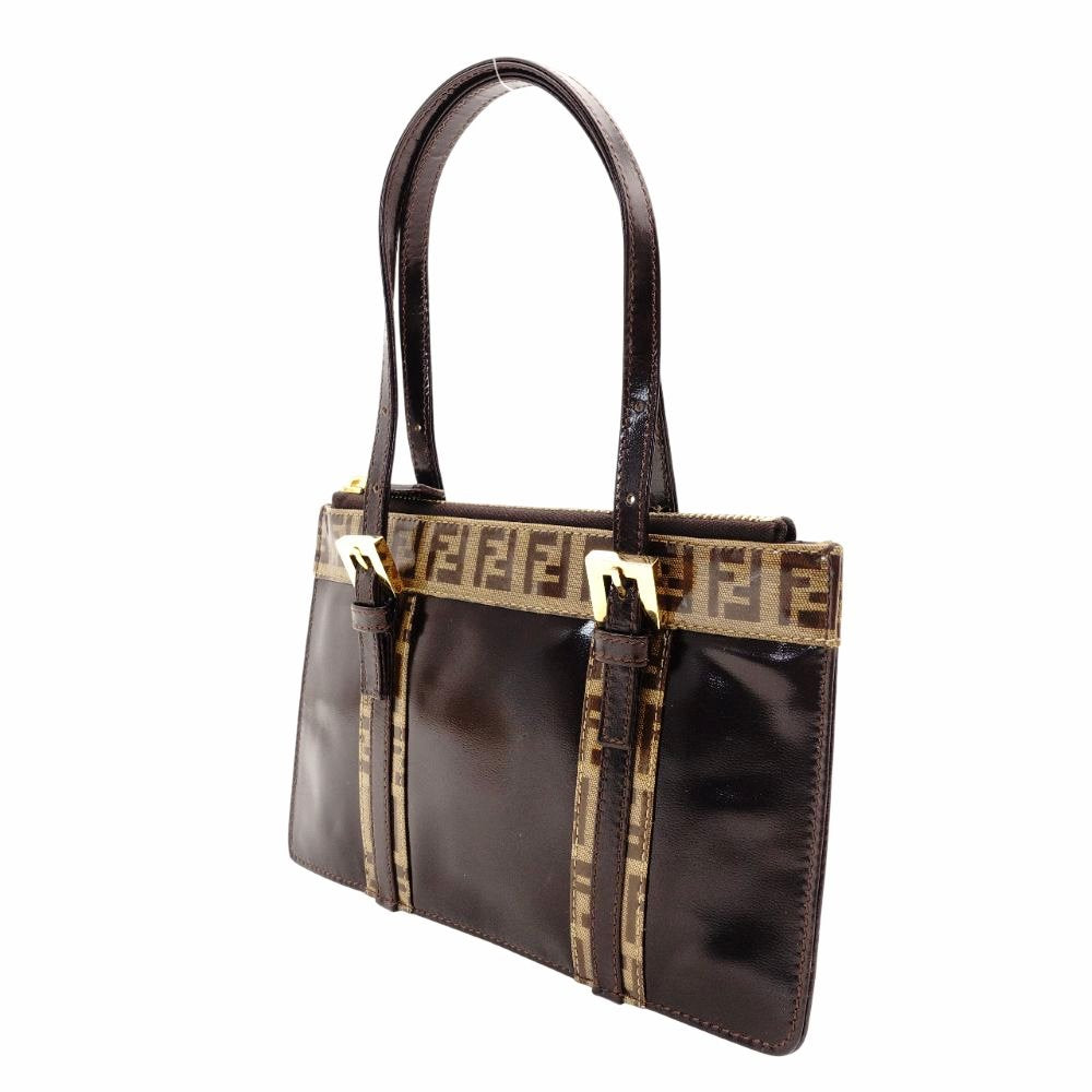 FENDI Zucca Handbag Patent Leather Brown-Tone Leather Pouch Women's R801562