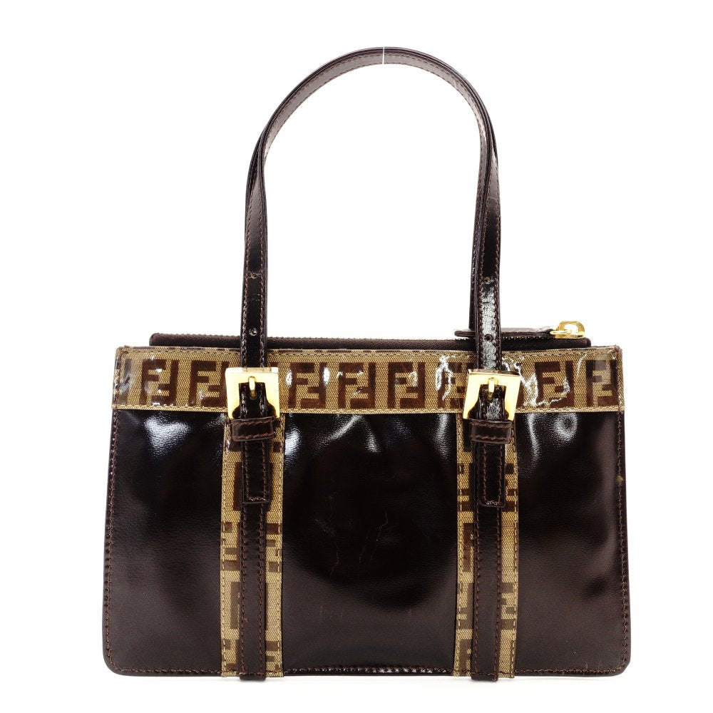 FENDI Zucca Handbag Patent Leather Brown-Tone Leather Pouch Women's R801562
