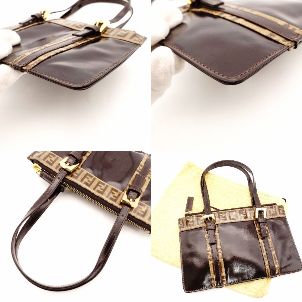 FENDI Zucca Handbag Patent Leather Brown-Tone Leather Pouch Women's R801562