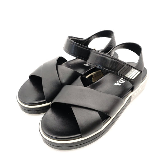 PRADA Sports Black Cross Strap Sandal Size 37 Black Leather Black Women's R801458