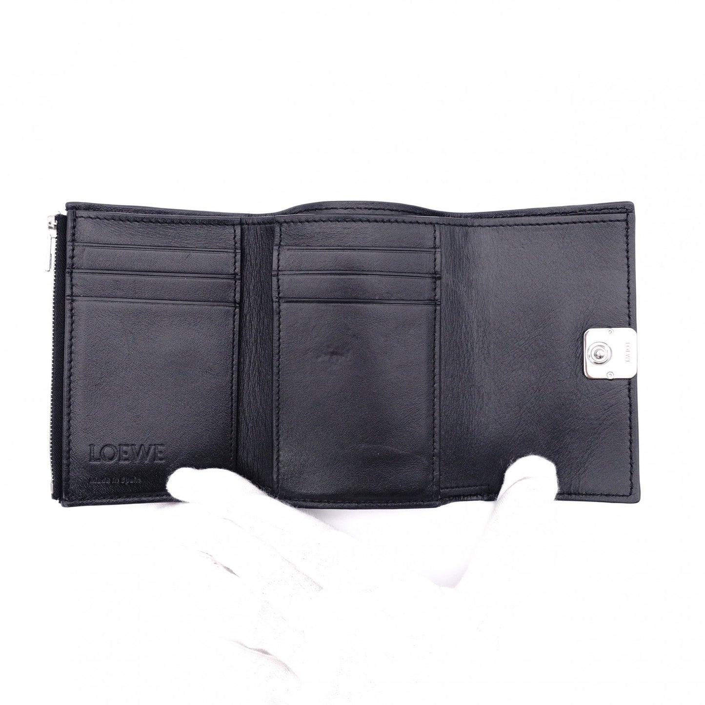 LOEWE Vertical Wallet Anagram Tri-fold Wallet Leather Black with Silver Hardware