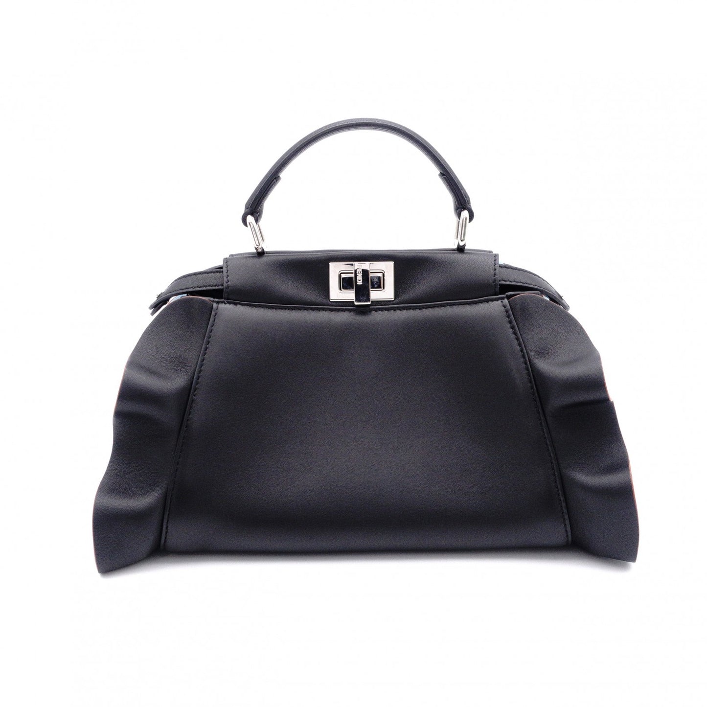 FENDI Mini Peekaboo Handbag, Leather, Black, 2-way, with blue ruffle, crossbody