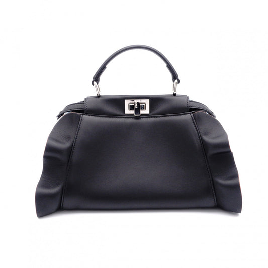 FENDI Mini Peekaboo Handbag, Leather, Black, 2-way, with blue ruffle, crossbody