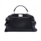 FENDI Mini Peekaboo Handbag, Leather, Black, 2-way, with blue ruffle, crossbody