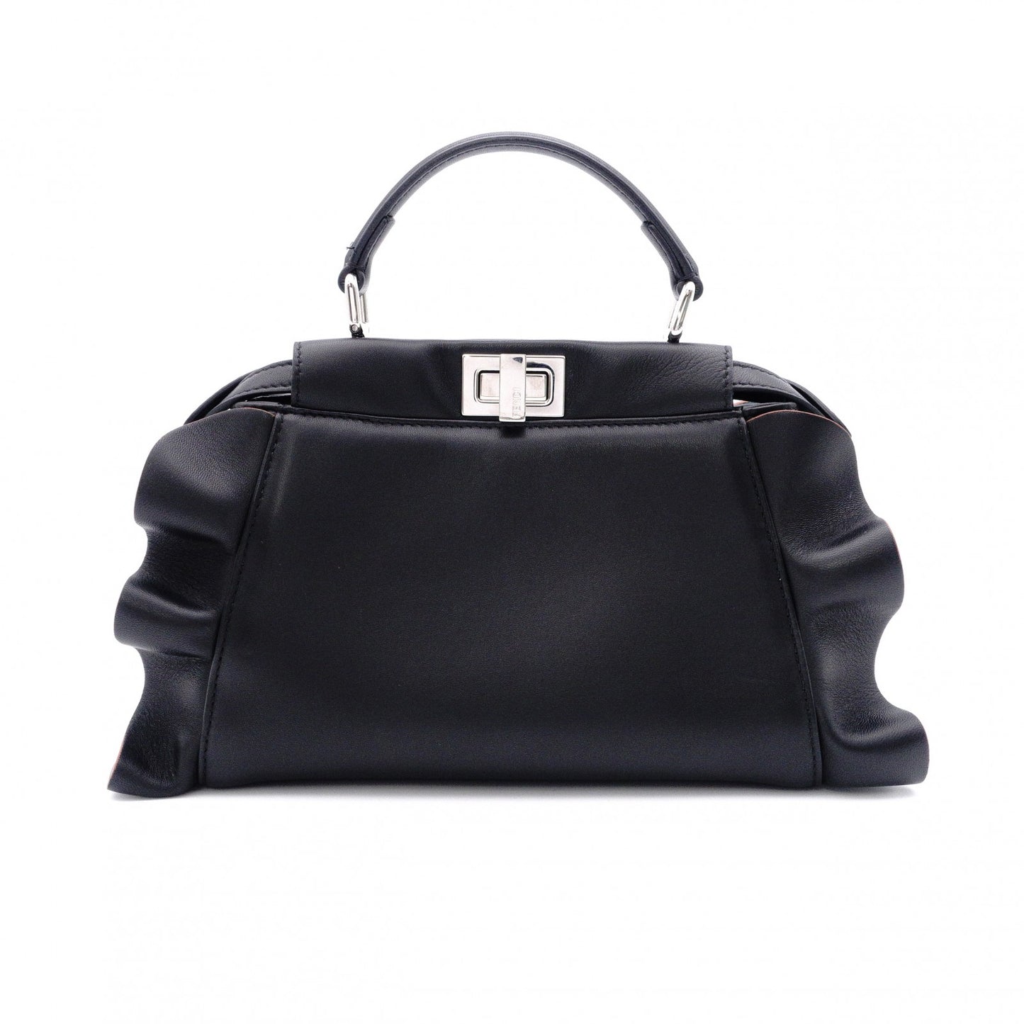 FENDI Mini Peekaboo Handbag, Leather, Black, 2-way, with blue ruffle, crossbody