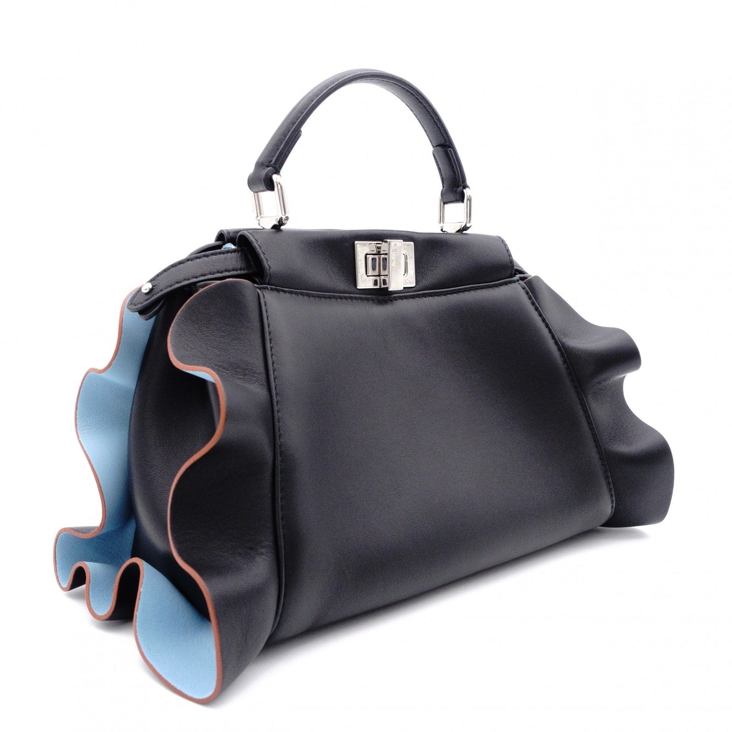 FENDI Mini Peekaboo Handbag, Leather, Black, 2-way, with blue ruffle, crossbody