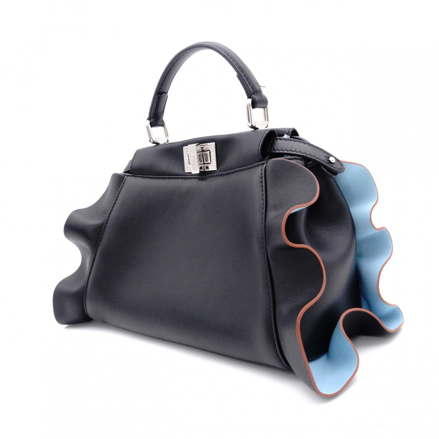 FENDI Mini Peekaboo Handbag, Leather, Black, 2-way, with blue ruffle, crossbody